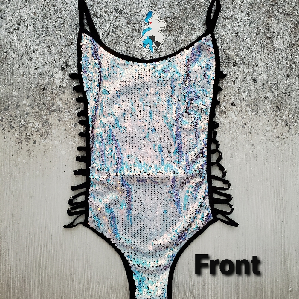iHeartRaves Silver holographic Sequin Bodysuit